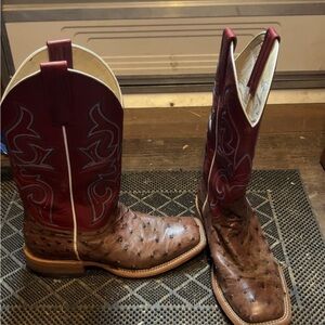 Macie Bean Red and Brown Ostrich Leather Ankle Boots